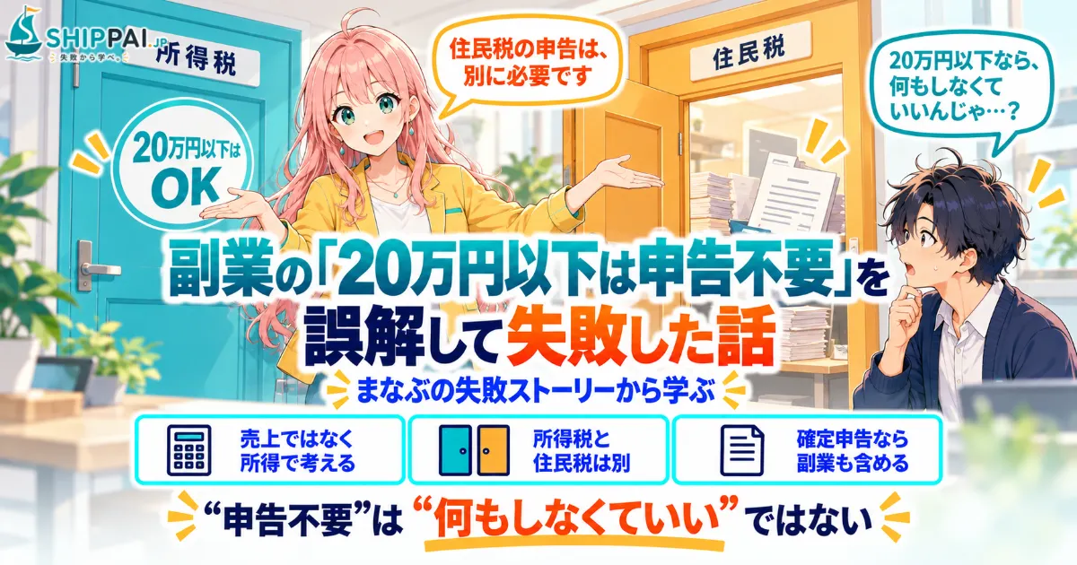 副業の20万円以下は申告不要を誤解して失敗した話を紹介するSHIPPAI.JPの記事アイキャッチ。まなぶとみらいのイラスト付き