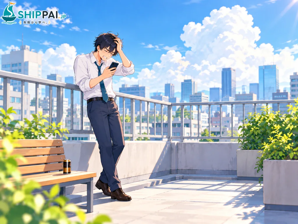 夏の昼休みに会社の屋上で友人からのメッセージを読み、副業の申告もれに気づいて頭を抱えるまなぶのイラスト