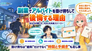 副業でアルバイトを掛け持ちして後悔する理由を紹介するSHIPPAI.JPの記事アイキャッチ。まなぶとみらいのイラスト付き