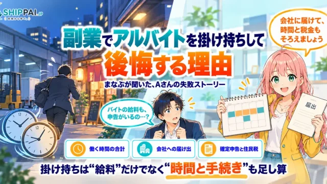副業でアルバイトを掛け持ちして後悔する理由を紹介するSHIPPAI.JPの記事アイキャッチ。まなぶとみらいのイラスト付き