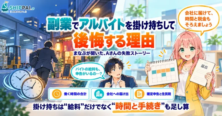 副業でアルバイトを掛け持ちして後悔する理由を紹介するSHIPPAI.JPの記事アイキャッチ。まなぶとみらいのイラスト付き