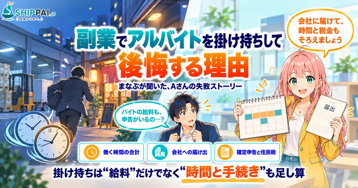 副業でアルバイトを掛け持ちして後悔する理由を紹介するSHIPPAI.JPの記事アイキャッチ。まなぶとみらいのイラスト付き