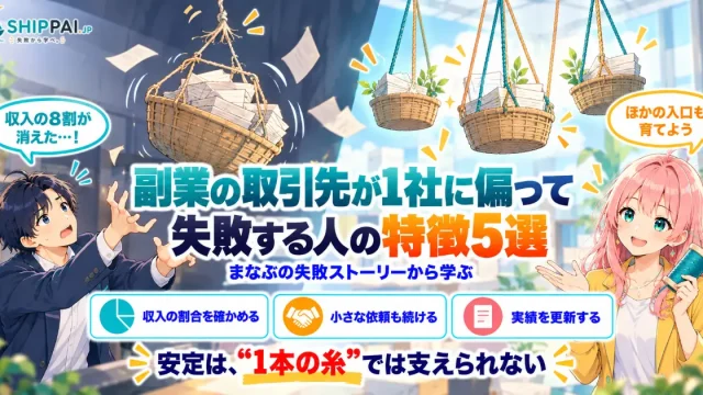副業の取引先が1社に偏って失敗する人の特徴5選を紹介するSHIPPAI.JPの記事アイキャッチ。まなぶとみらいのイラスト付き