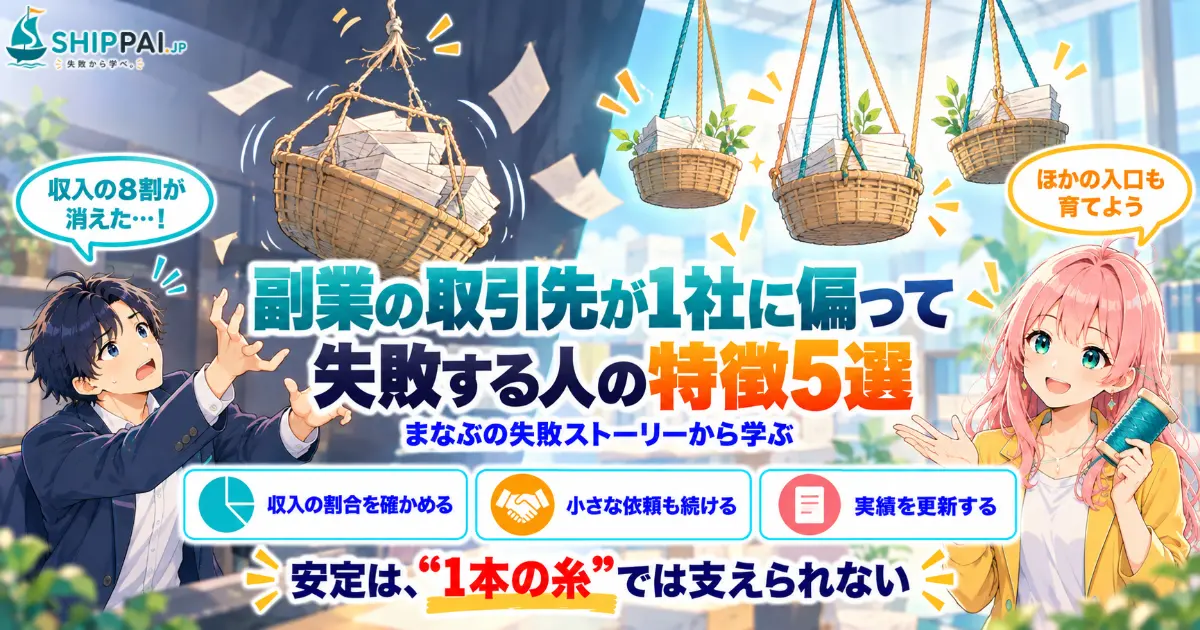 副業の取引先が1社に偏って失敗する人の特徴5選を紹介するSHIPPAI.JPの記事アイキャッチ。まなぶとみらいのイラスト付き
