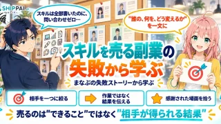 スキルを売る副業の失敗から学ぶポイントを紹介するSHIPPAI.JPの記事アイキャッチ。まなぶとみらいのイラスト付き