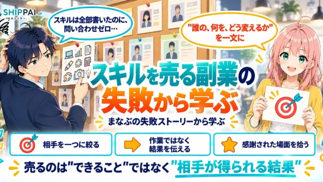 スキルを売る副業の失敗から学ぶポイントを紹介するSHIPPAI.JPの記事アイキャッチ。まなぶとみらいのイラスト付き