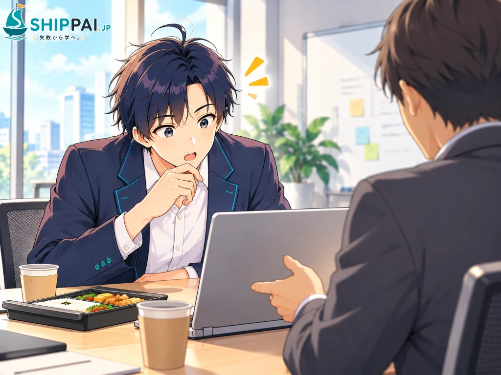 昼休みの会議室で、先輩にノートPCの画面を見せてもらい、はっと気づくまなぶのイラスト