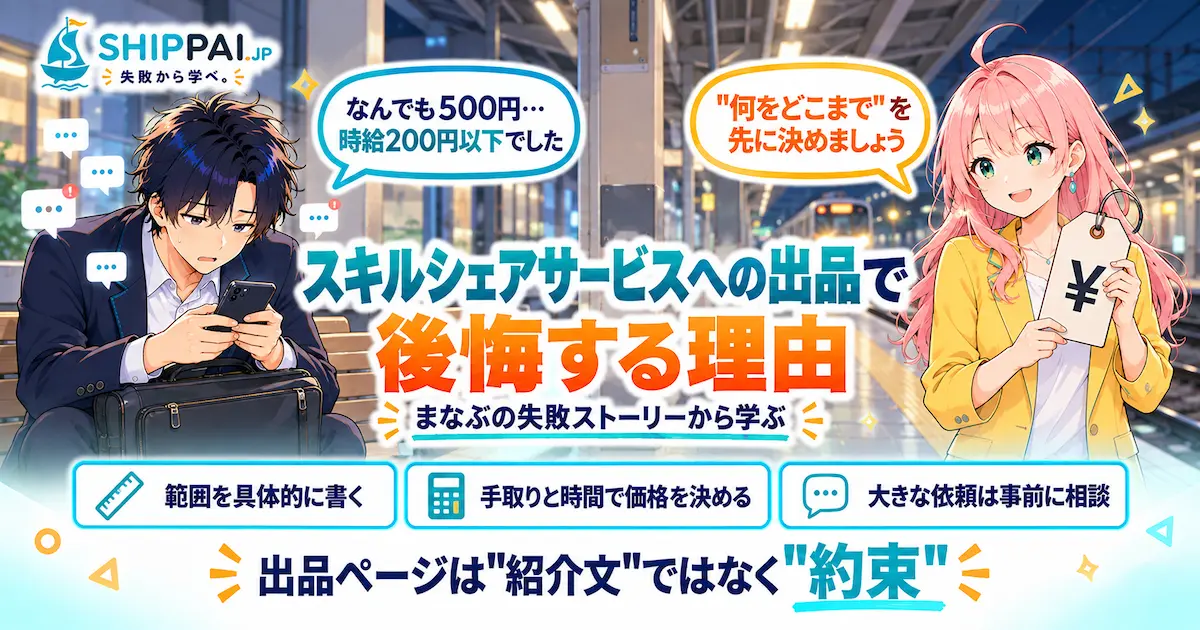 スキルシェアサービスへの出品で後悔する理由を紹介するSHIPPAI.JPの記事アイキャッチ。まなぶとみらいのイラスト付き