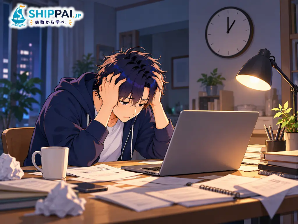 深夜1時、自宅のダイニングテーブルでノートPCを前に頭を抱えるまなぶのイラスト