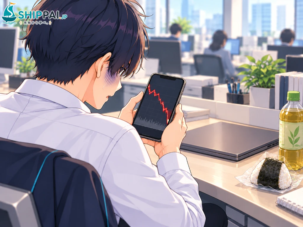 昼休みのオフィスの自席で、スマートフォンの下がり続ける株価のグラフを見て青ざめるまなぶのイラスト
