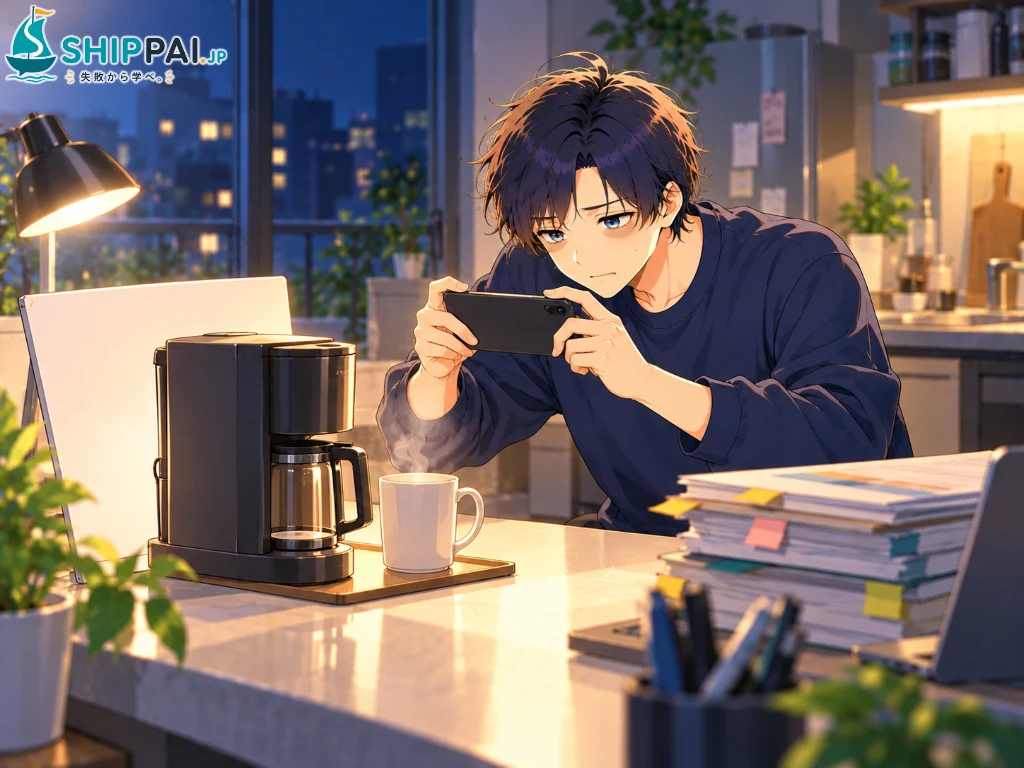 深夜のキッチンカウンターで、眠そうな顔のままPR案件のコーヒーメーカーの写真を撮り直すまなぶのイラスト