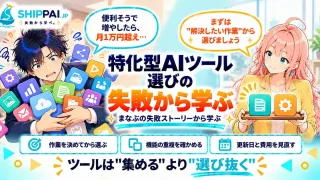 特化型AIツール選びの失敗から学ぶポイントを紹介するSHIPPAI.JPの記事アイキャッチ。まなぶとみらいのイラスト付き