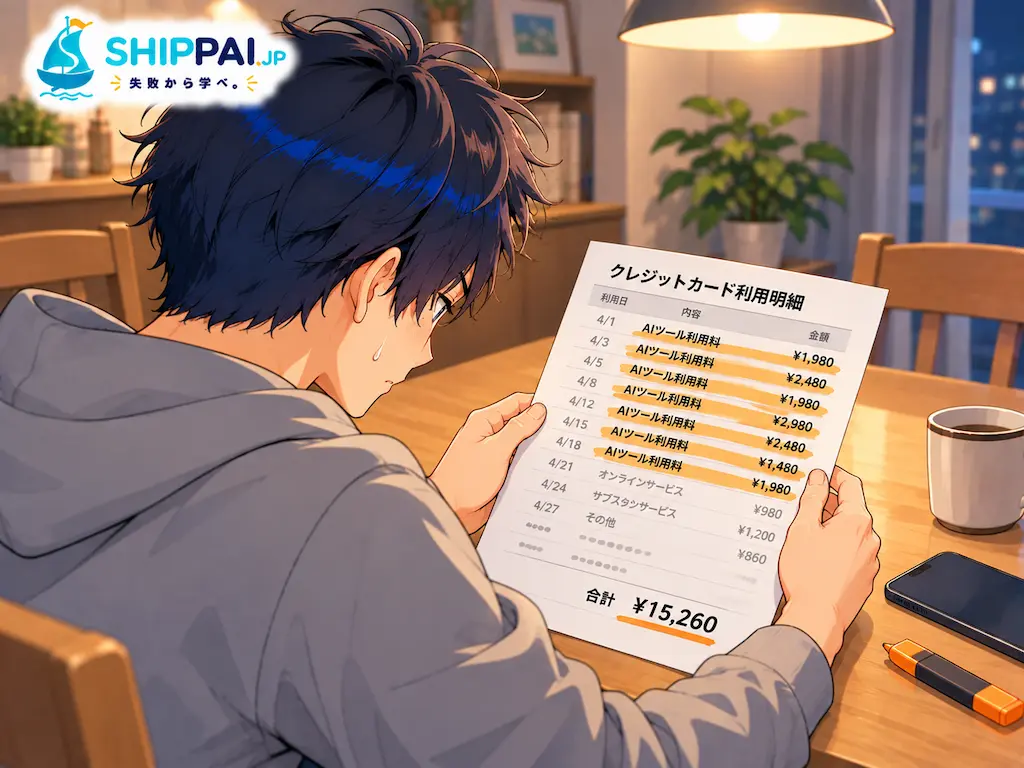 月末の夜、自宅でカードの利用明細を見て、AIツールの月額料金が7つも並んでいることに気づき額を押さえるまなぶのイラスト