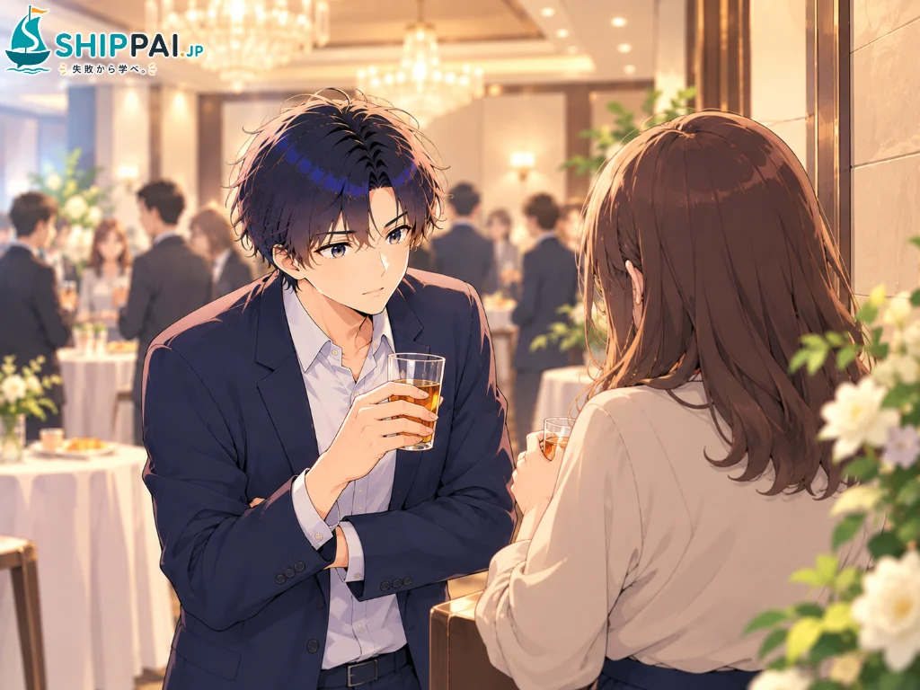 大学のゼミのOB会の会場の隅で、夫の転勤に合わせた転職で失敗したゼミの先輩Aさんの話を、真剣に聞くまなぶのイラスト