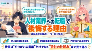 人材業界への転職で後悔する理由を紹介するSHIPPAI.JPの記事アイキャッチ。まなぶとみらいのイラスト付き