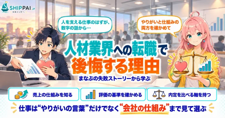 人材業界への転職で後悔する理由を紹介するSHIPPAI.JPの記事アイキャッチ。まなぶとみらいのイラスト付き