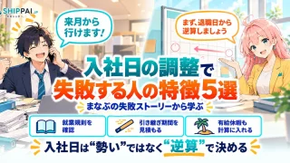 入社日の調整で失敗する人の特徴5選を紹介するSHIPPAI.JPの記事アイキャッチ。まなぶとみらいのイラスト付き