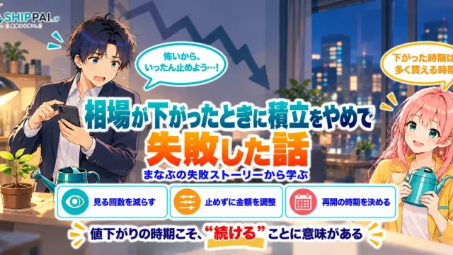 相場が下がったときに積立をやめて失敗した話を紹介するSHIPPAI.JPの記事アイキャッチ。まなぶとみらいのイラスト付き