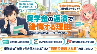 奨学金の返済で後悔する理由を紹介するSHIPPAI.JPの記事アイキャッチ。まなぶとみらいのイラスト付き