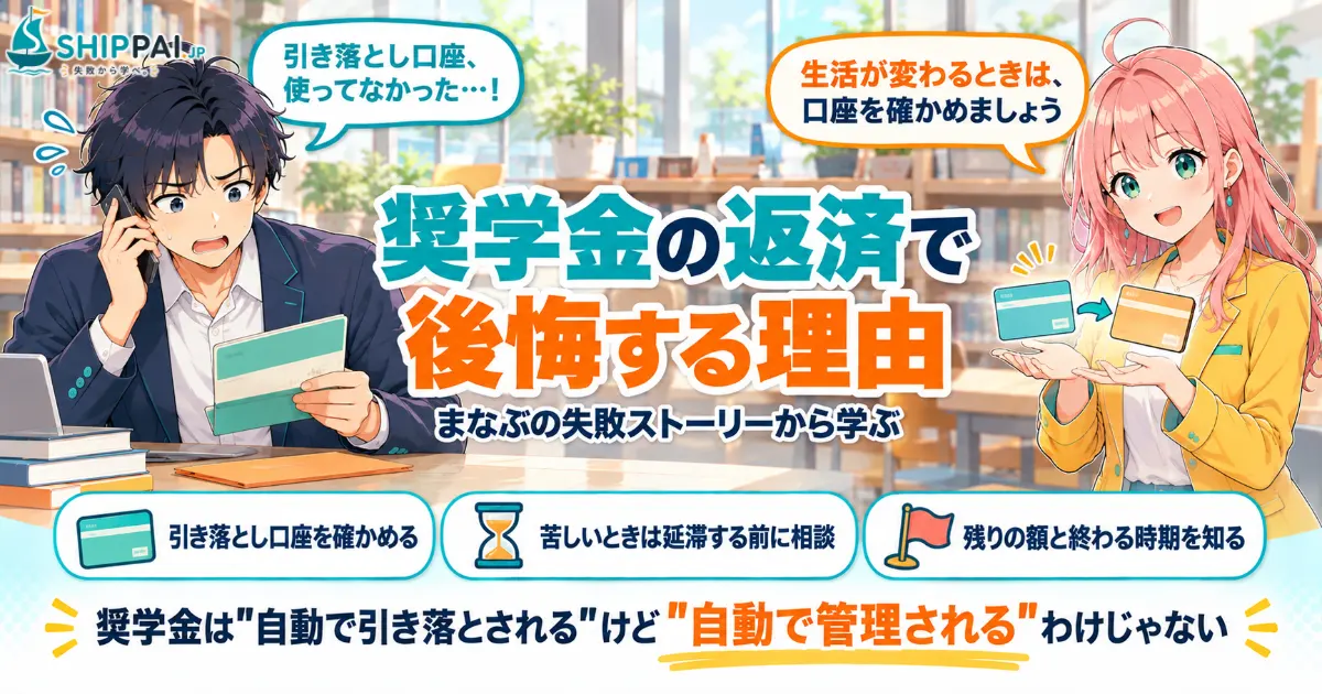 奨学金の返済で後悔する理由を紹介するSHIPPAI.JPの記事アイキャッチ。まなぶとみらいのイラスト付き