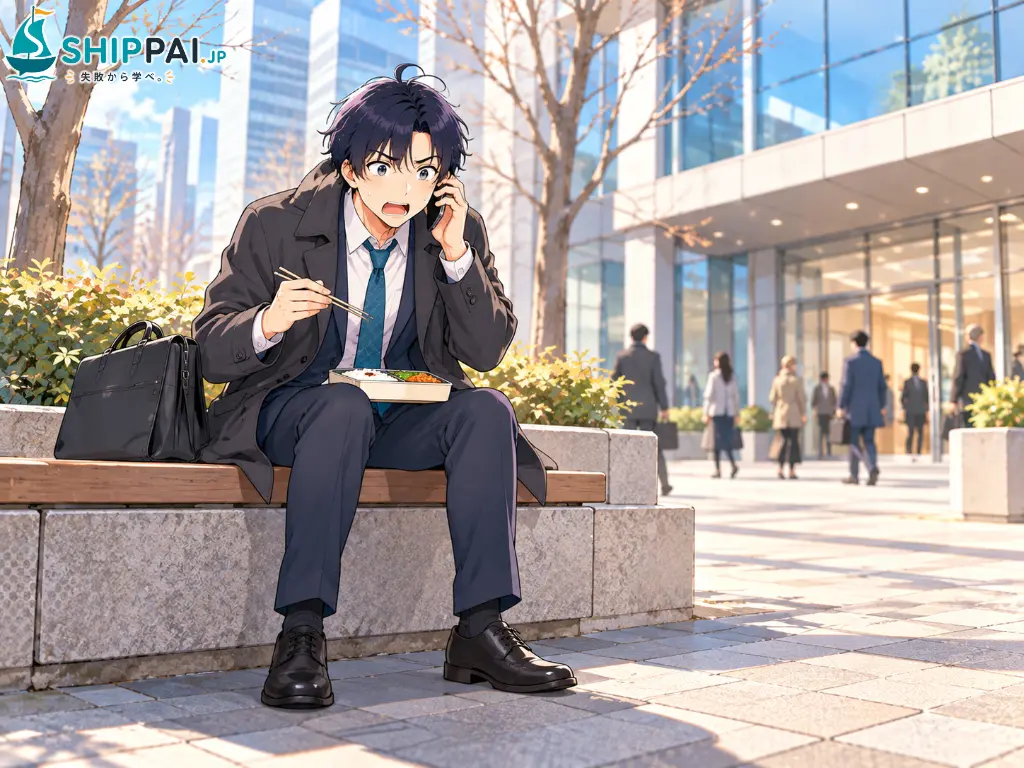 12月の昼休み、会社の前のベンチで父からの電話を受け、奨学金の返済が遅れていると知って青ざめるまなぶのイラスト