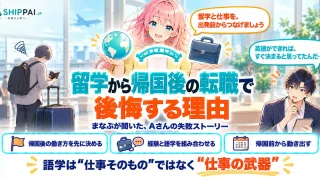 留学から帰国後の転職で後悔する理由を紹介するSHIPPAI.JPの記事アイキャッチ。まなぶとみらいのイラスト付き