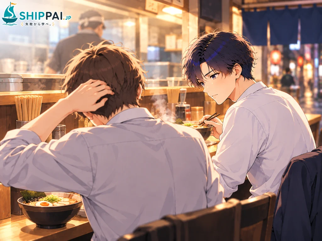 会社近くのラーメン屋のカウンターで、留学から帰国後の転職に苦労した後輩のAさんの話を、箸を止めて聞くまなぶのイラスト