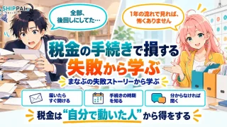 税金の手続きで損する失敗から学ぶを紹介するSHIPPAI.JPの記事アイキャッチ。まなぶとみらいのイラスト付き