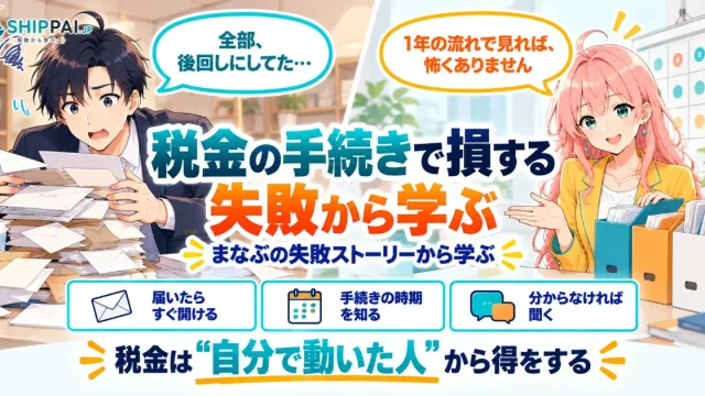 税金の手続きで損する失敗から学ぶを紹介するSHIPPAI.JPの記事アイキャッチ。まなぶとみらいのイラスト付き