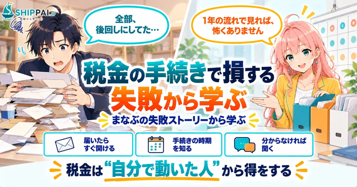 税金の手続きで損する失敗から学ぶを紹介するSHIPPAI.JPの記事アイキャッチ。まなぶとみらいのイラスト付き