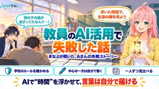 教員のAI活用で失敗した話を紹介するSHIPPAI.JPの記事アイキャッチ。まなぶとみらいのイラスト付き