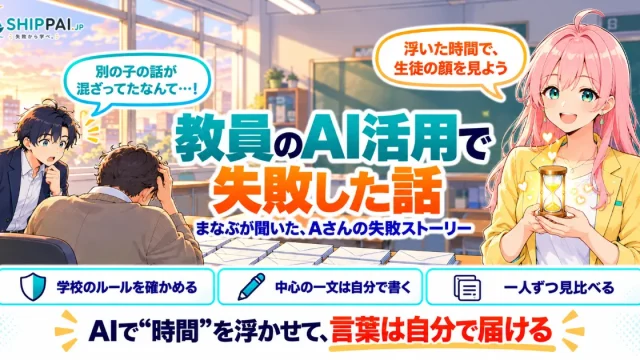 教員のAI活用で失敗した話を紹介するSHIPPAI.JPの記事アイキャッチ。まなぶとみらいのイラスト付き