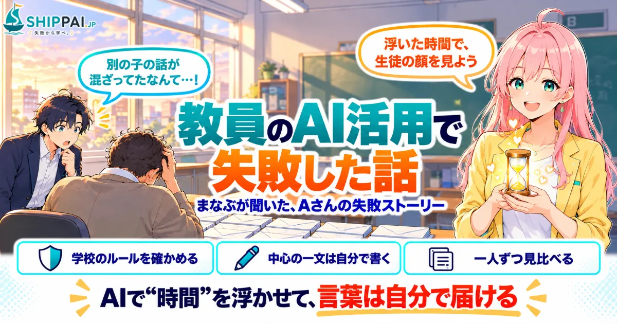 教員のAI活用で失敗した話を紹介するSHIPPAI.JPの記事アイキャッチ。まなぶとみらいのイラスト付き