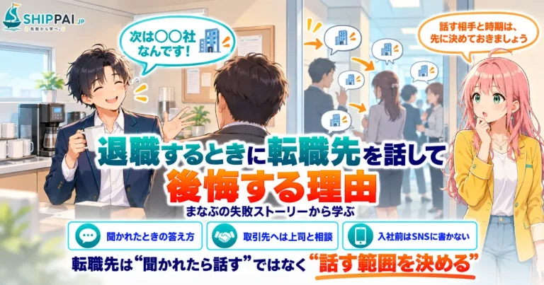退職するときに転職先を話して後悔する理由を紹介するSHIPPAI.JPの記事アイキャッチ。まなぶとみらいのイラスト付き