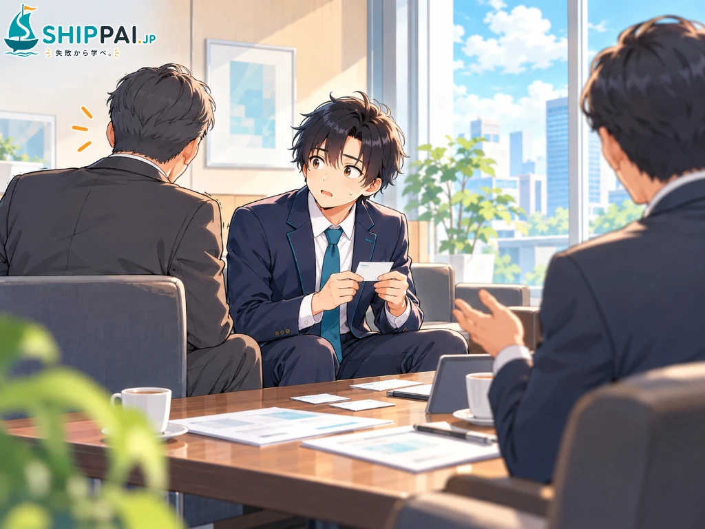 取引先の応接室で、担当者に転職先のことを話題にされ、隣の上司を見て冷や汗をかくまなぶのイラスト