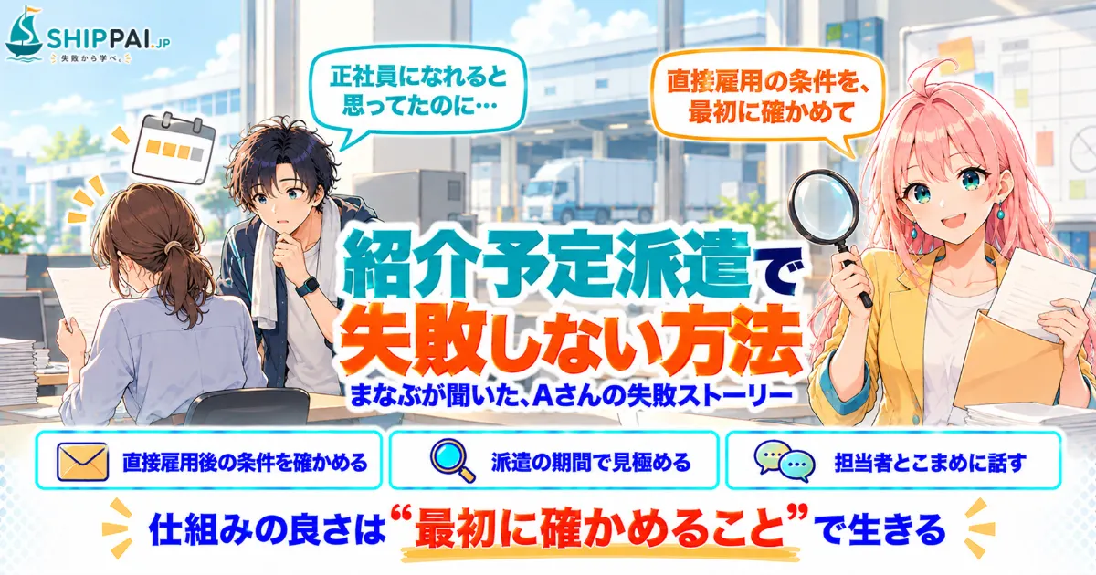 紹介予定派遣で失敗しない方法を紹介するSHIPPAI.JPの記事アイキャッチ。まなぶとみらいのイラスト付き