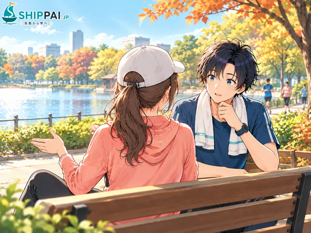 秋の日曜日の朝、公園の池のほとりのベンチで、紹介予定派遣でつまずいたマラソン練習会の仲間のAさんの話を聞くまなぶのイラスト