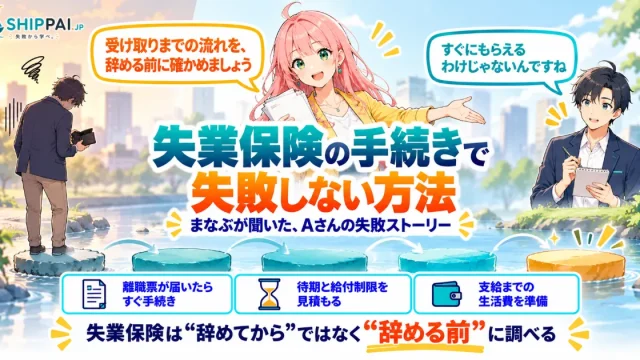 失業保険の手続きで失敗しない方法を紹介するSHIPPAI.JPの記事アイキャッチ。まなぶとみらいのイラスト付き