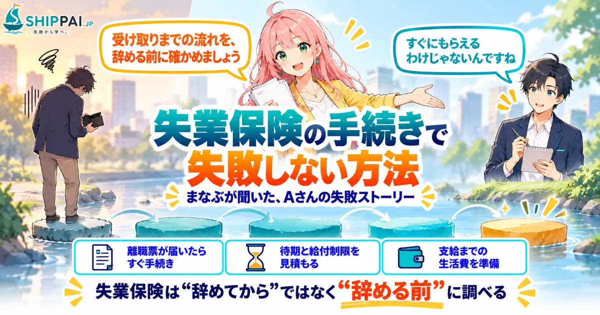 失業保険の手続きで失敗しない方法を紹介するSHIPPAI.JPの記事アイキャッチ。まなぶとみらいのイラスト付き
