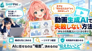 動画生成AIで失敗しない方法を紹介するSHIPPAI.JPの記事アイキャッチ。まなぶとみらいのイラスト付き