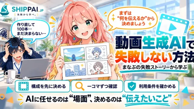 動画生成AIで失敗しない方法を紹介するSHIPPAI.JPの記事アイキャッチ。まなぶとみらいのイラスト付き