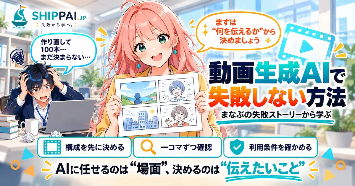 動画生成AIで失敗しない方法を紹介するSHIPPAI.JPの記事アイキャッチ。まなぶとみらいのイラスト付き