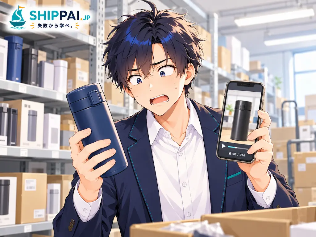 倉庫の商品棚の前で、実物の水筒とスマホの動画を見比べ、ふたの色の違いに気づいて青ざめるまなぶのイラスト