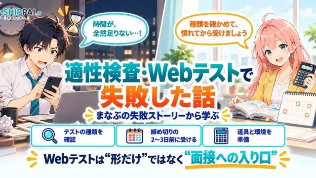 適性検査・Webテストで失敗した話を紹介するSHIPPAI.JPの記事アイキャッチ。まなぶとみらいのイラスト付き