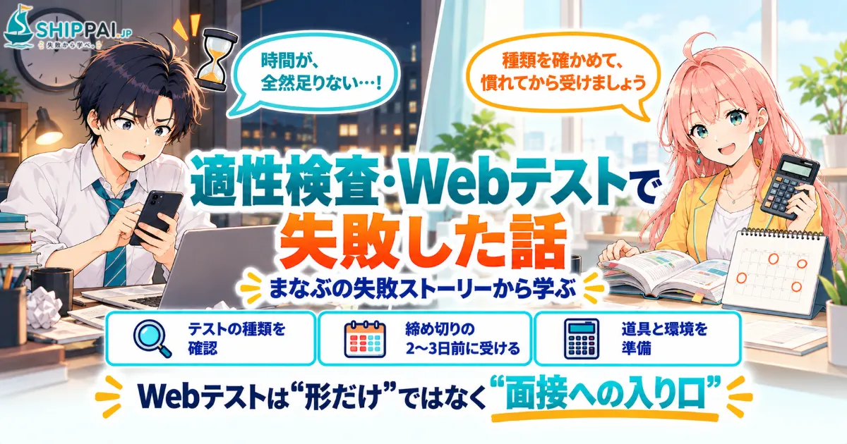 適性検査・Webテストで失敗した話を紹介するSHIPPAI.JPの記事アイキャッチ。まなぶとみらいのイラスト付き