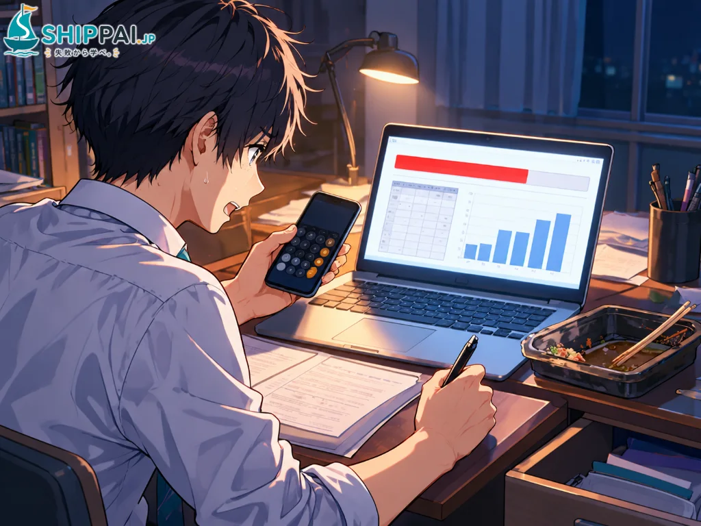 深夜の自宅でWebテストを受け、残り時間が減っていく画面を前にスマホの電卓を手に焦るまなぶのイラスト