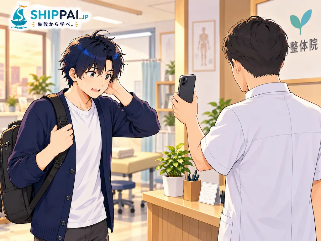 整体院の受付で、院長にスマートフォンを見せられ言葉に詰まるまなぶのイラスト
