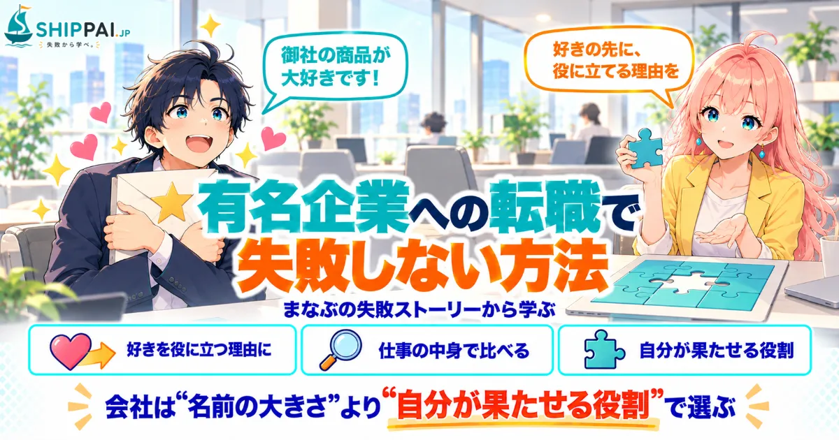 有名企業への転職で失敗しない方法を紹介するSHIPPAI.JPの記事アイキャッチ。まなぶとみらいのイラスト付き