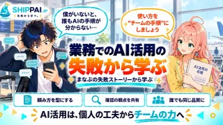 業務でのAI活用の失敗から学ぶポイントを紹介するSHIPPAI.JPの記事アイキャッチ。まなぶとみらいのイラスト付き