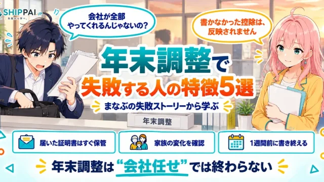 年末調整で失敗する人の特徴5選を紹介するSHIPPAI.JPの記事アイキャッチ。まなぶとみらいのイラスト付き